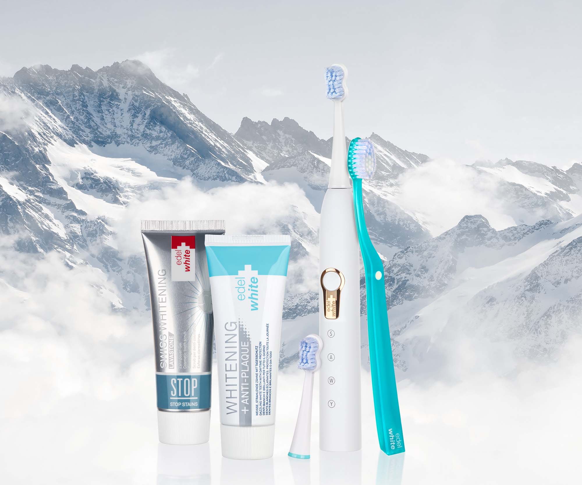 Whitening toothpaste with Swiss mountain landscape
